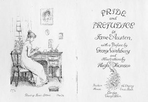 Frontispice a titulní strana k „Pýchě a předsudku“ od Jane Austenové, vydání vydané v roce 1894